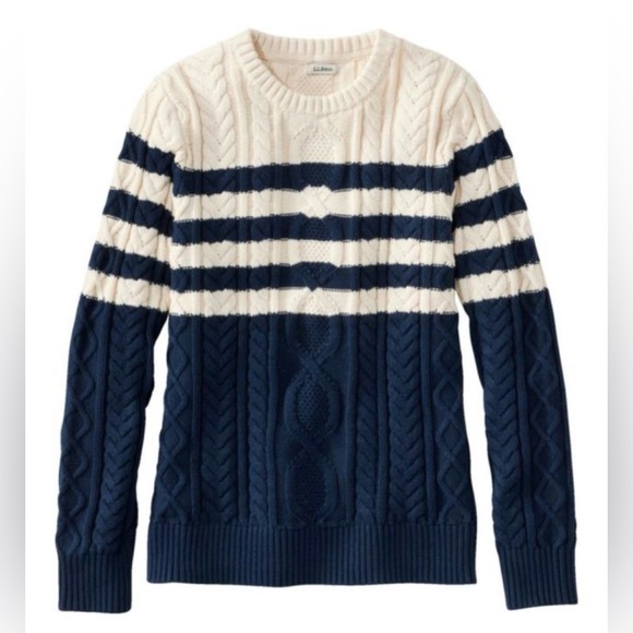 🆕 LL Bean Striped Fisherman’s Crew Neck Sweater, Cream/Navy. Size XL - Picture 1 of 10